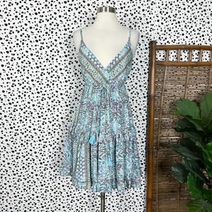 NEW Paani | Paisley Floral Print Pastel Blue Lavender Tiered Tassel Mini Dress S